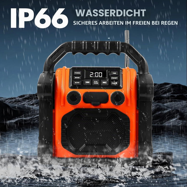 Jobsite Radio Bluetooth Speaker, 30W IPX 66 wasserdichter FM-Rundfunkuhr mit LED-Lichtern, Anti-Koll