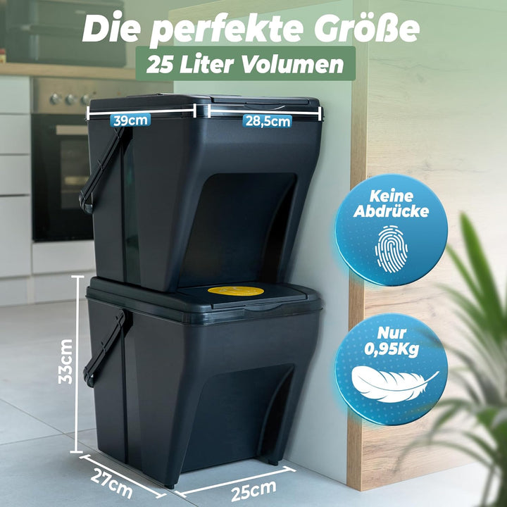Novaliv Mülltrennsystem Set - 2x 25L Mülleimer Trennsystem - Mülleimer 4 Fächer - Mülltrennsysteme s