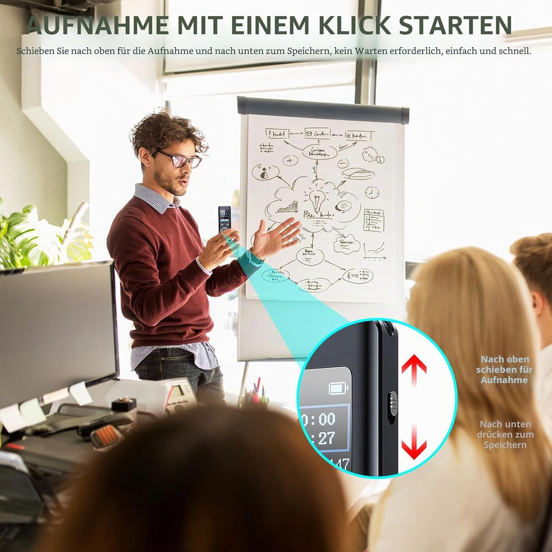Digitales Diktiergerät mit MP3-Player, 64 GB, für Meetings, Interviews und Vorlesungen, A-B-Loop-Wie