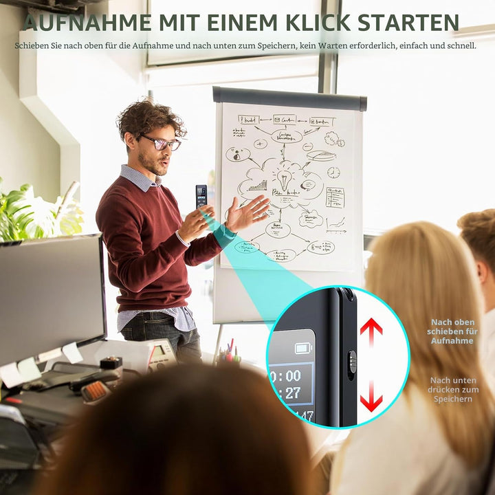 Digitales Diktiergerät mit MP3-Player, 64 GB, für Meetings, Interviews und Vorlesungen, A-B-Loop-Wie