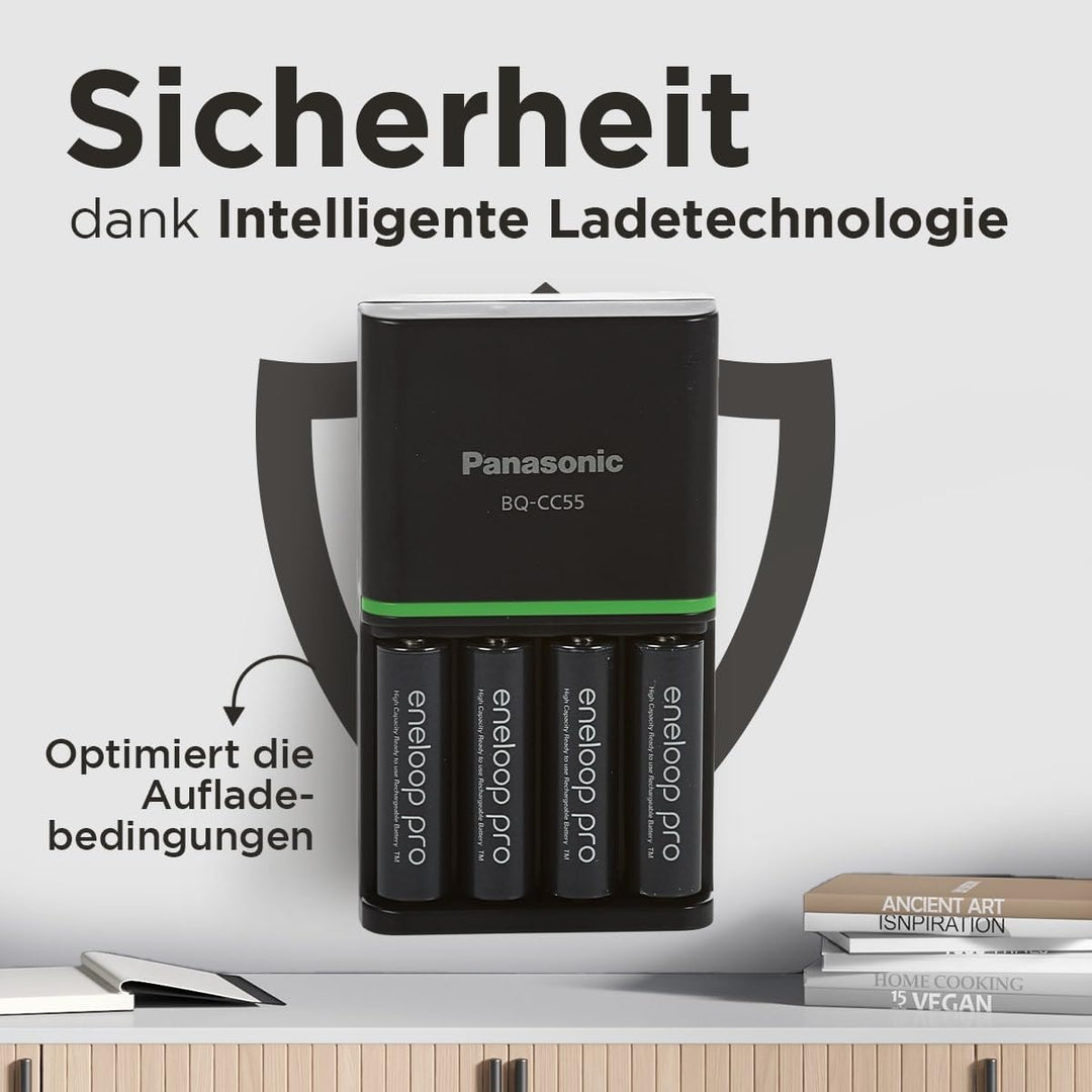 Panasonic eneloop SmartPlus Ladegerät für 1–4 AA/AAA NI-MH-Akkus, mit 4 LED-Anzeigen und 10 Sicherhe