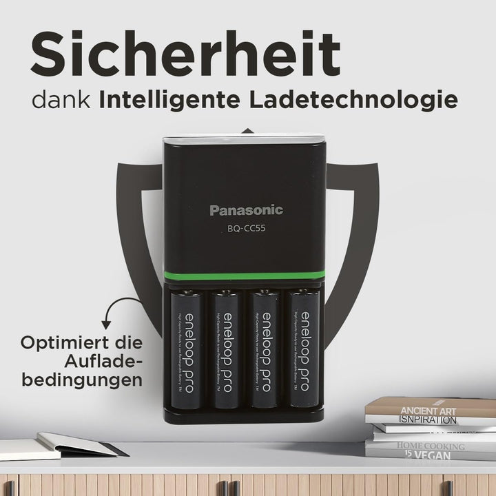Panasonic eneloop SmartPlus Ladegerät für 1–4 AA/AAA NI-MH-Akkus, mit 4 LED-Anzeigen und 10 Sicherhe