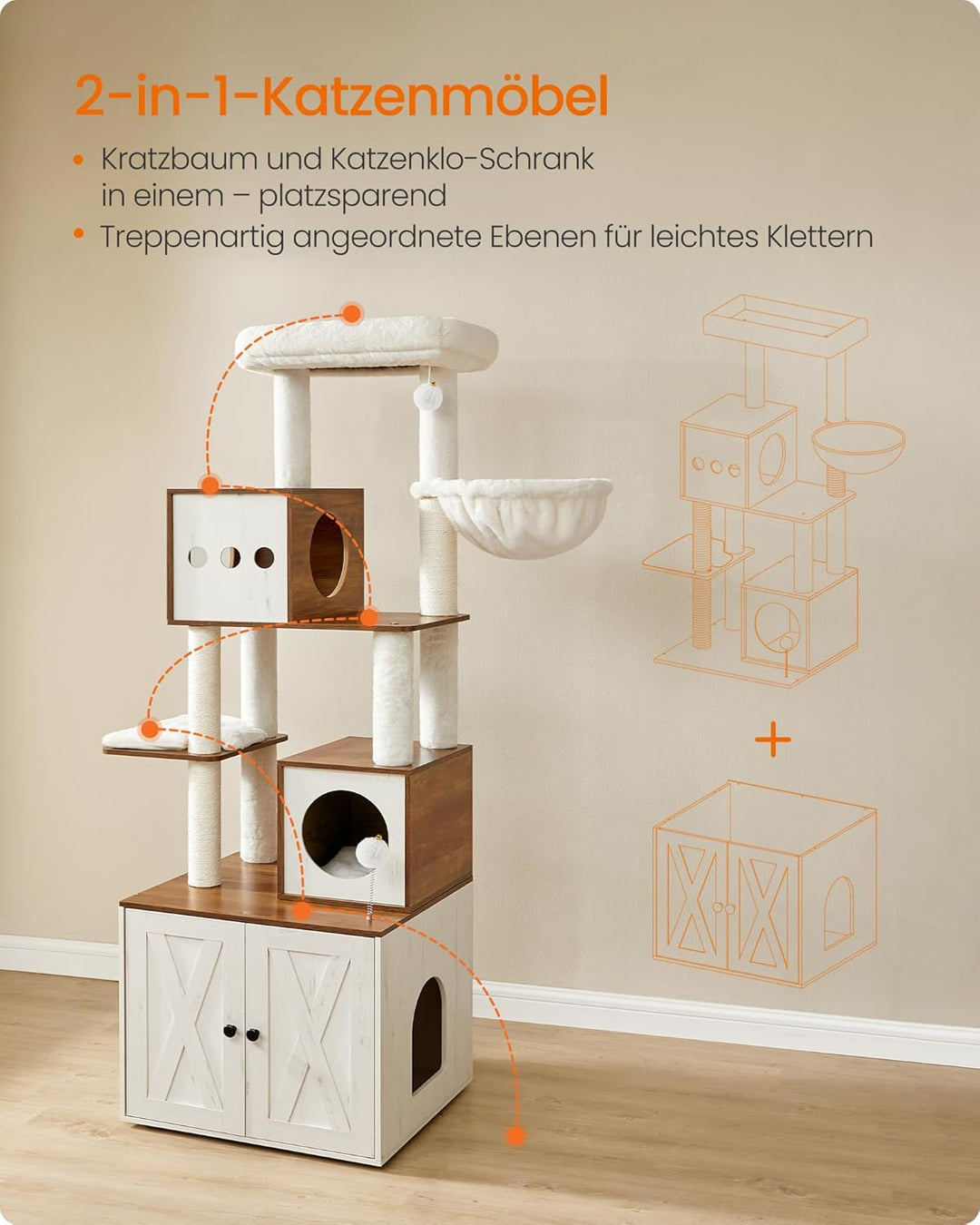 Feandrea Kratzbaum, Katzenbaum mit Katzenklo-Schrank, 178 cm hoch, Katzenkratzbaum, Kratzsäule, Plat