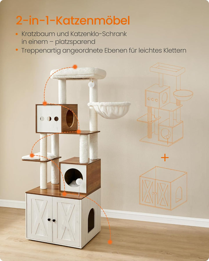 Feandrea Kratzbaum, Katzenbaum mit Katzenklo-Schrank, 178 cm hoch, Katzenkratzbaum, Kratzsäule, Plat