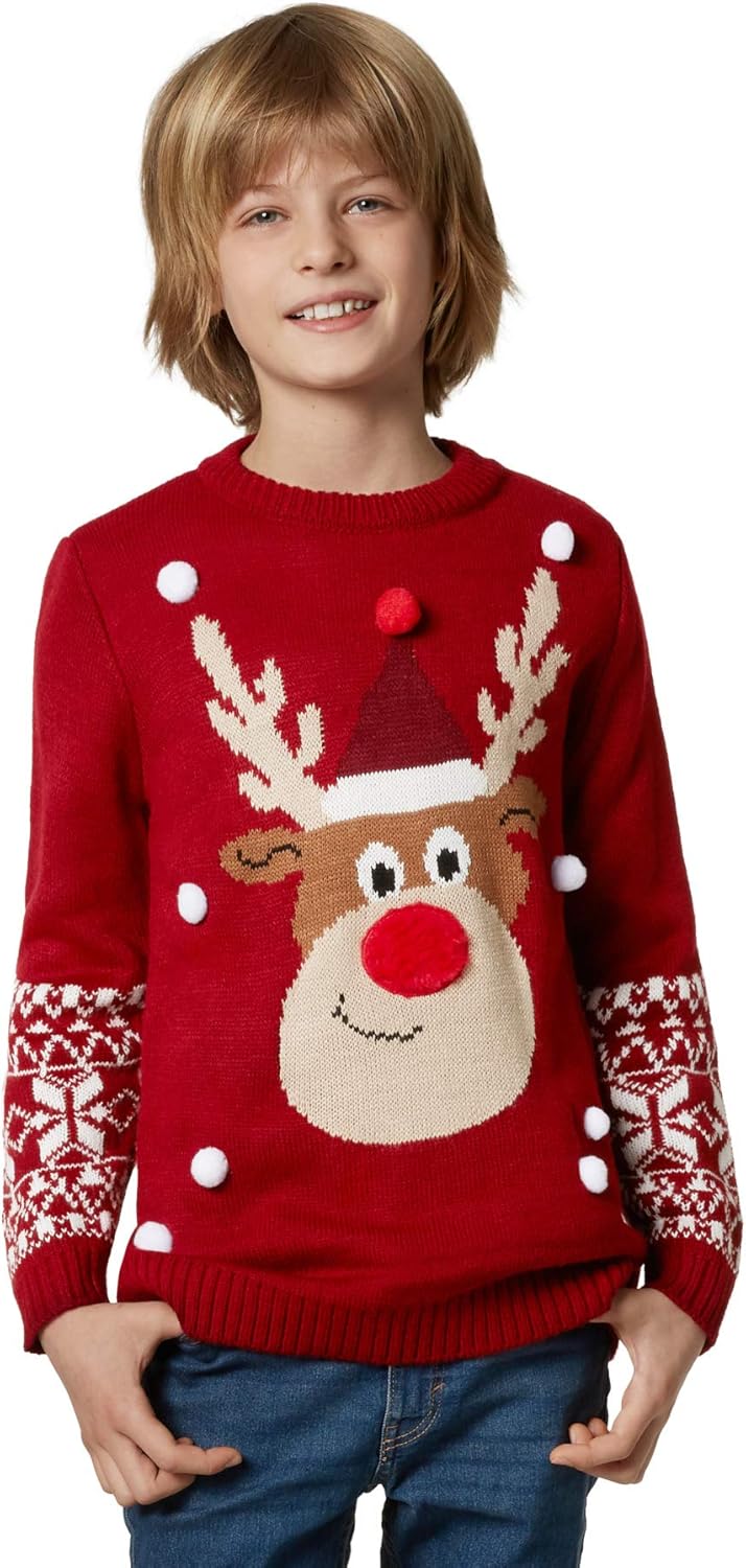 dressforfun 900823 Kinder Weihnachtspullover Rudi Rentier mit angenähten Schneeflocken, rot - Divers