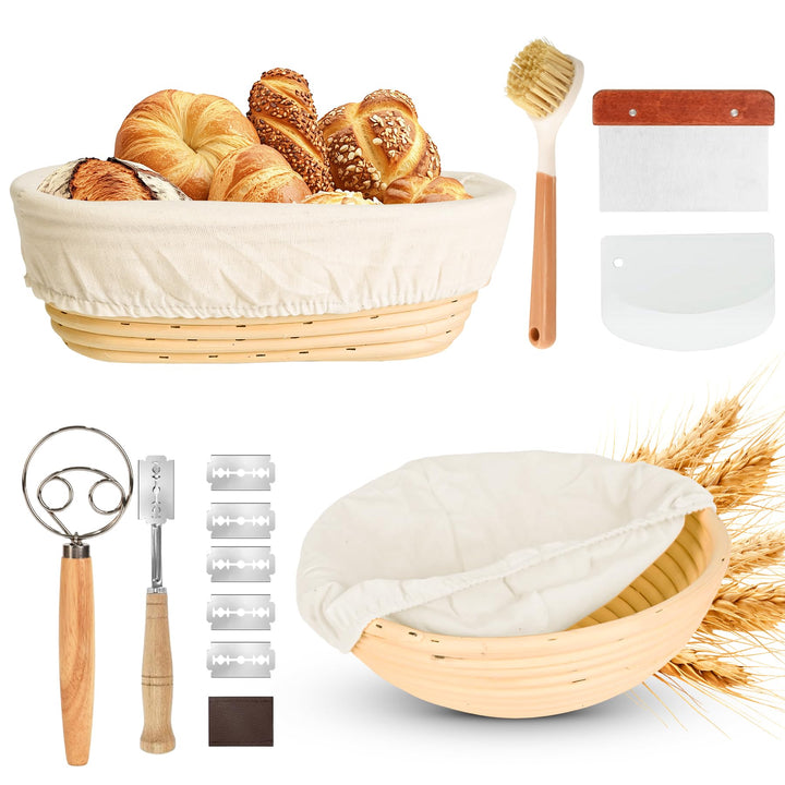 Gärkörbchen,Brot Gärkorb Set,23cm Rund & 25cm Oval Brotkörbchen,100% Natürlichem Rattan, inkl. Teigs
