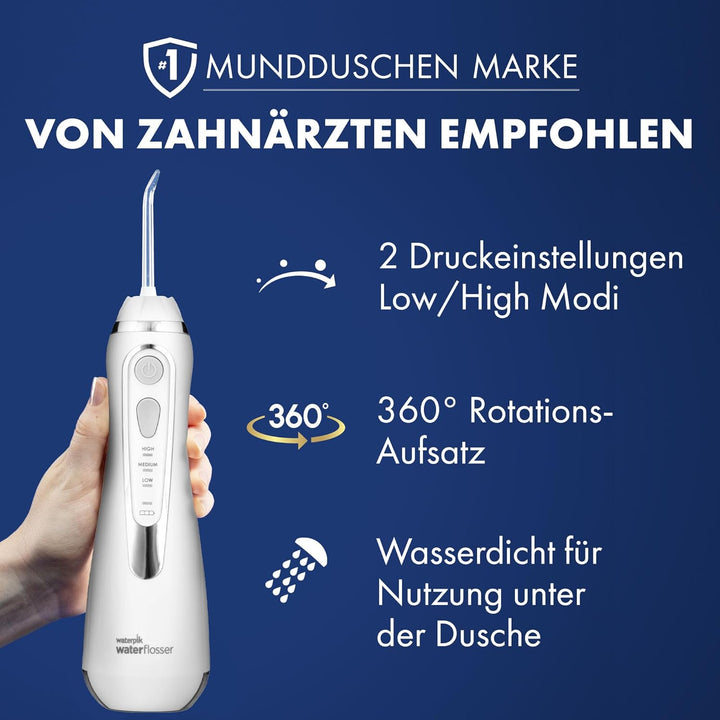 Waterpik Kabellose Munddusche Advanced, 4 Aufsätze, 3,1-5,2 bar Druckbereich, 3 Druckeinstellungen,