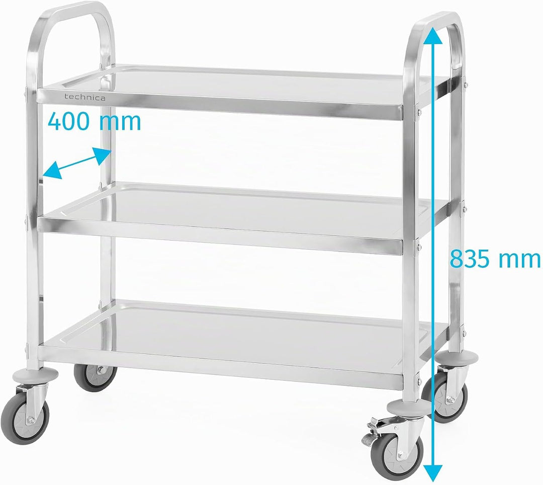 TECHNICA Servierwagen Edelstahl 3 Etagen mit Rollen &amp; Bremse Quadratischer Griff 750x400x835mm Rollw