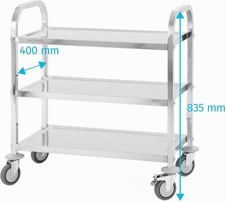 TECHNICA Servierwagen Edelstahl 3 Etagen mit Rollen &amp; Bremse Quadratischer Griff 750x400x835mm Rollw