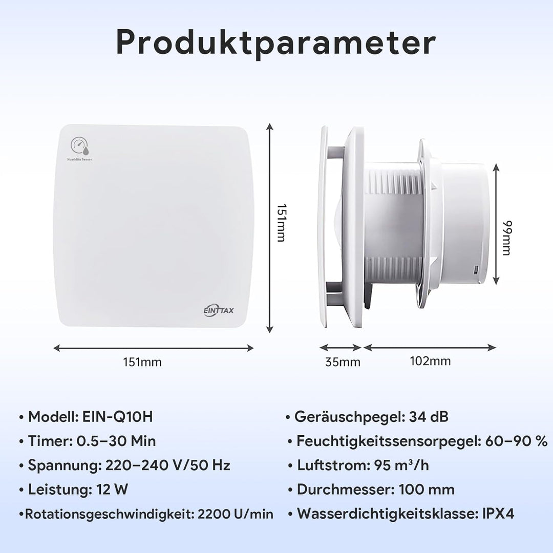 Badlüfter Fan 100mm Durchmesser,Wandmontage Lüftung Badezimmer Ventilator,IPX4 Wasserdicht,Leise 34d