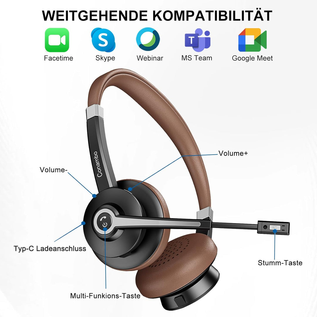 Conambo Bluetooth Headset mit Mikrofon,Kabelloses Headset mit Mikrofon mit HD Stereo Sound & 25 Stun