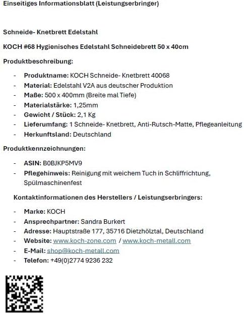 KOCH #68 Edelstahl Schneidebrett satinierte Oberfläche 50 x 40cm MIT hinterer Kantung - Hygiene Arbe