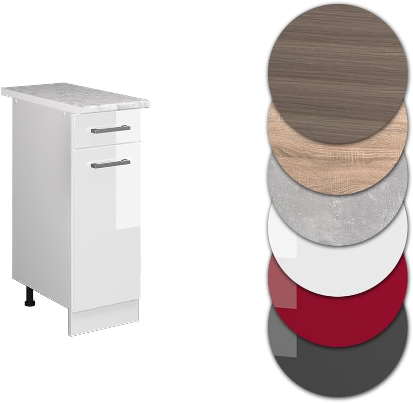 Vicco Küchenunterschrank R-Line, Weiss Hochglanz/Weiss, 30 cm mit Arbeitsplatte Weiss Hochglanz Schu