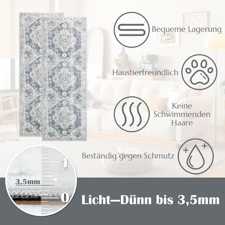 TOPICK Läufer 60x210cm Grau Flur Floral Teppich Waschbar Superdünne Faltbar Vintage Blumenteppich Ku