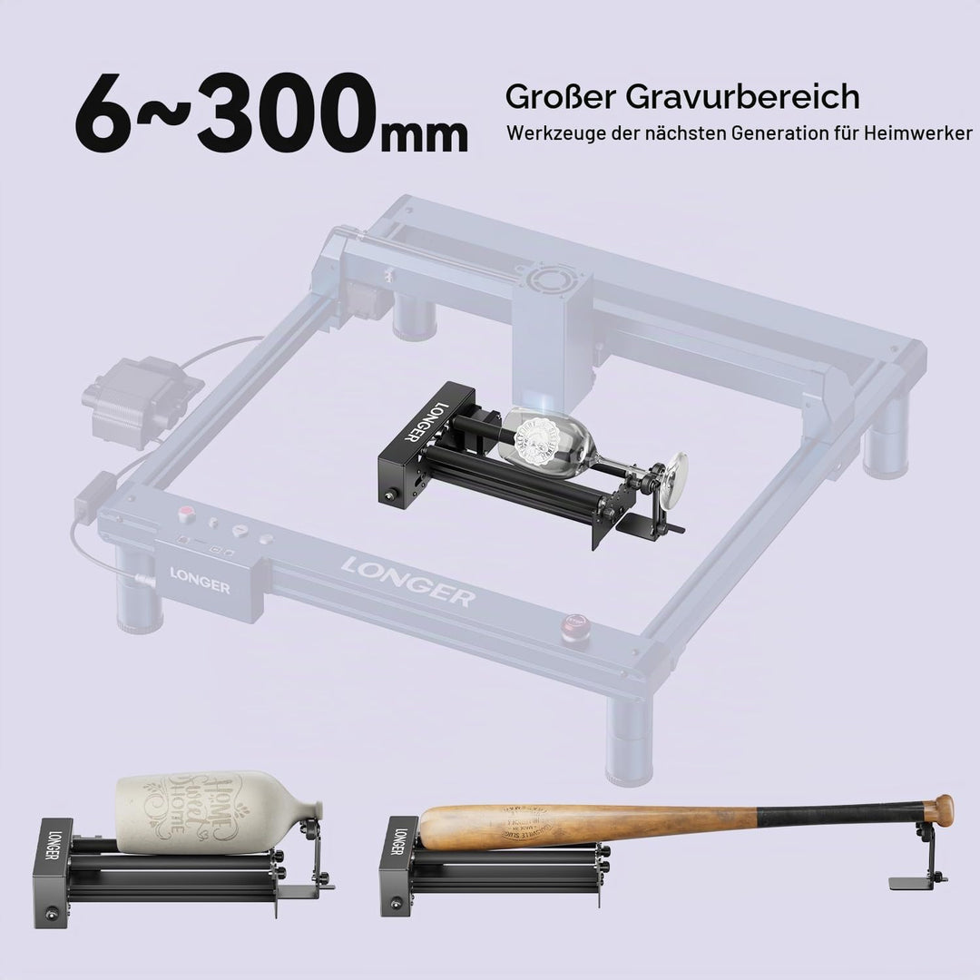 LONGER Rotationsgerät für Laser-Gravur – 360° Drehteller mit Y-Achse &amp; Halterung, zum Gravieren von