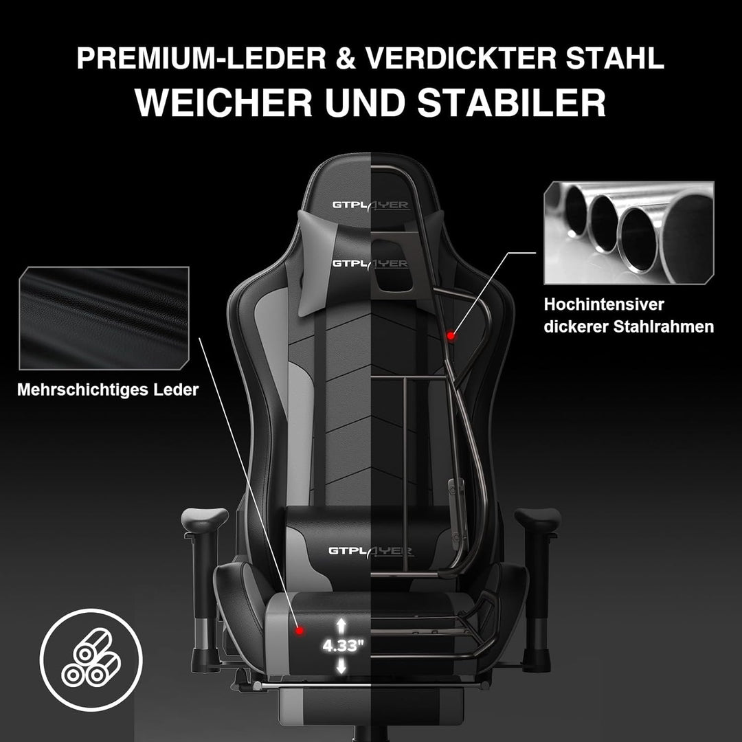 GTPLAYER Gaming Stuhl Gamer Stuhl mit Fussstütze Bluetooth Lautsprecher Ergonomischer Bürostuhl Comp