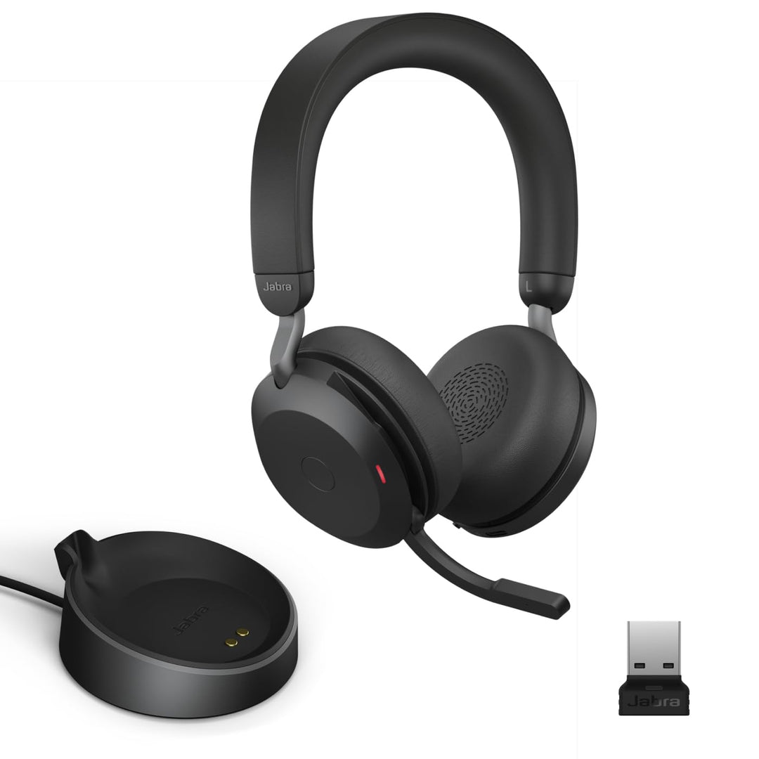 Jabra Evolve2 75 PC Wireless Headset mit 8-Mikrofon MS Teams Compatible Headset + Ladeständer (USB-A