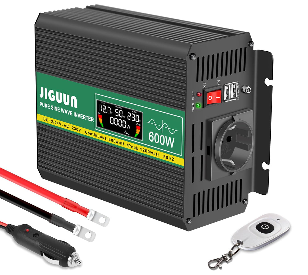 JIGUUN 600W Wechselrichter Reiner Sinus Spannungswandler 12v 230v Inverter Mit EU-Steckdose und 2 US