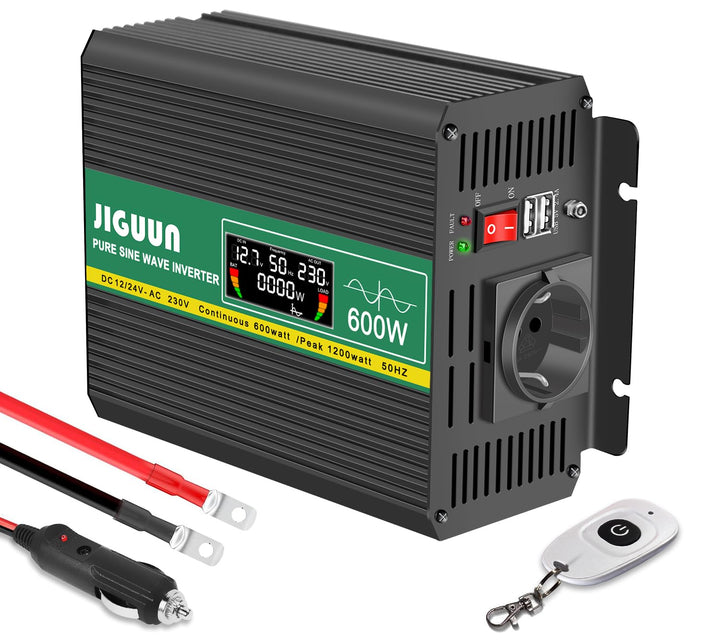 JIGUUN 600W Wechselrichter Reiner Sinus Spannungswandler 12v 230v Inverter Mit EU-Steckdose und 2 US