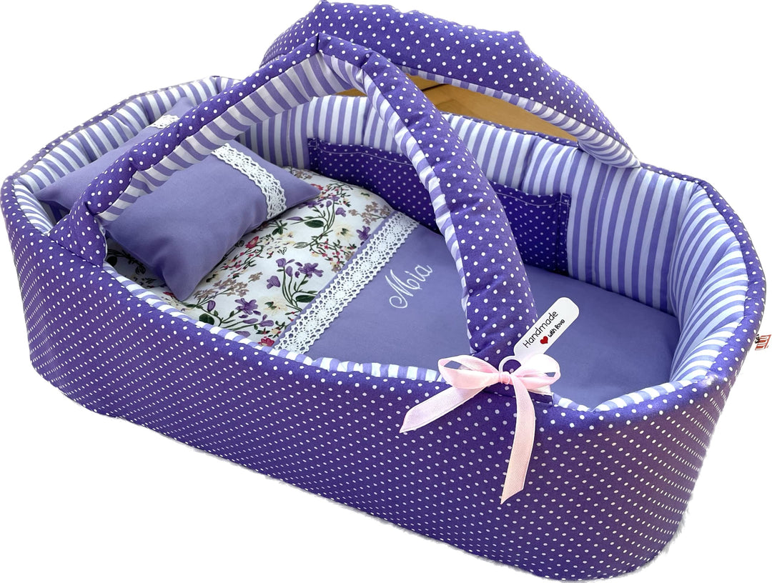 Puppentragetasche für Puppen 50-55 cm mit Bettwäsche, Lila, Personalisierung, Waschbar