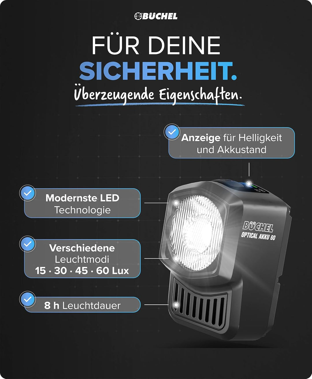 BÜCHEL Fahrradlicht Set - USB-C Fahrrad Lichter LED Set mit 8h Leuchtdauer & Kontrollanzeige - Front
