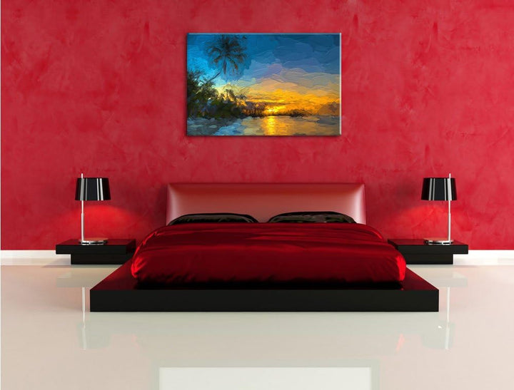 Pixxprint Palmen am Strand als Leinwandbild/Grösse: 100x70 cm/Wandbild/Kunstdruck/fertig bespannt, 1