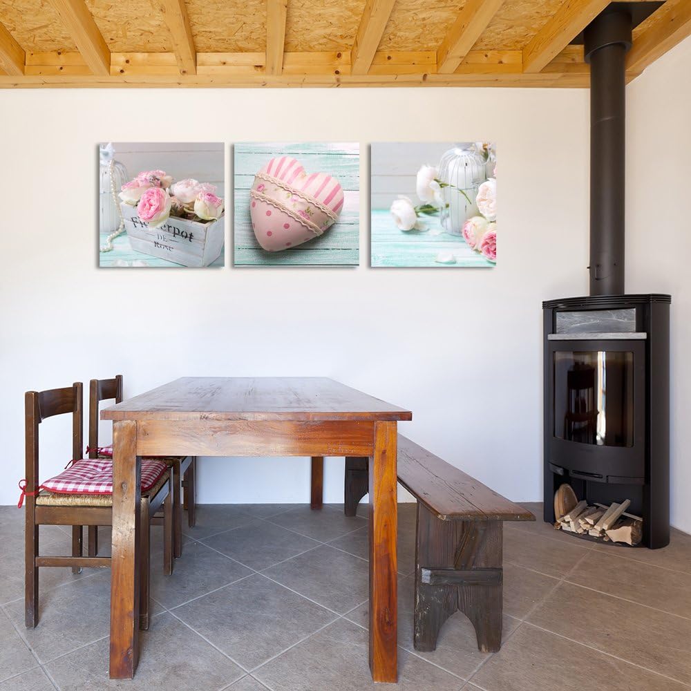 Feeby Bilder 3 Teile Rosa Herz Blumen 120x40 cm Wohnzimmer Schlafzimmer Büro Flur Küche Wandbilder M