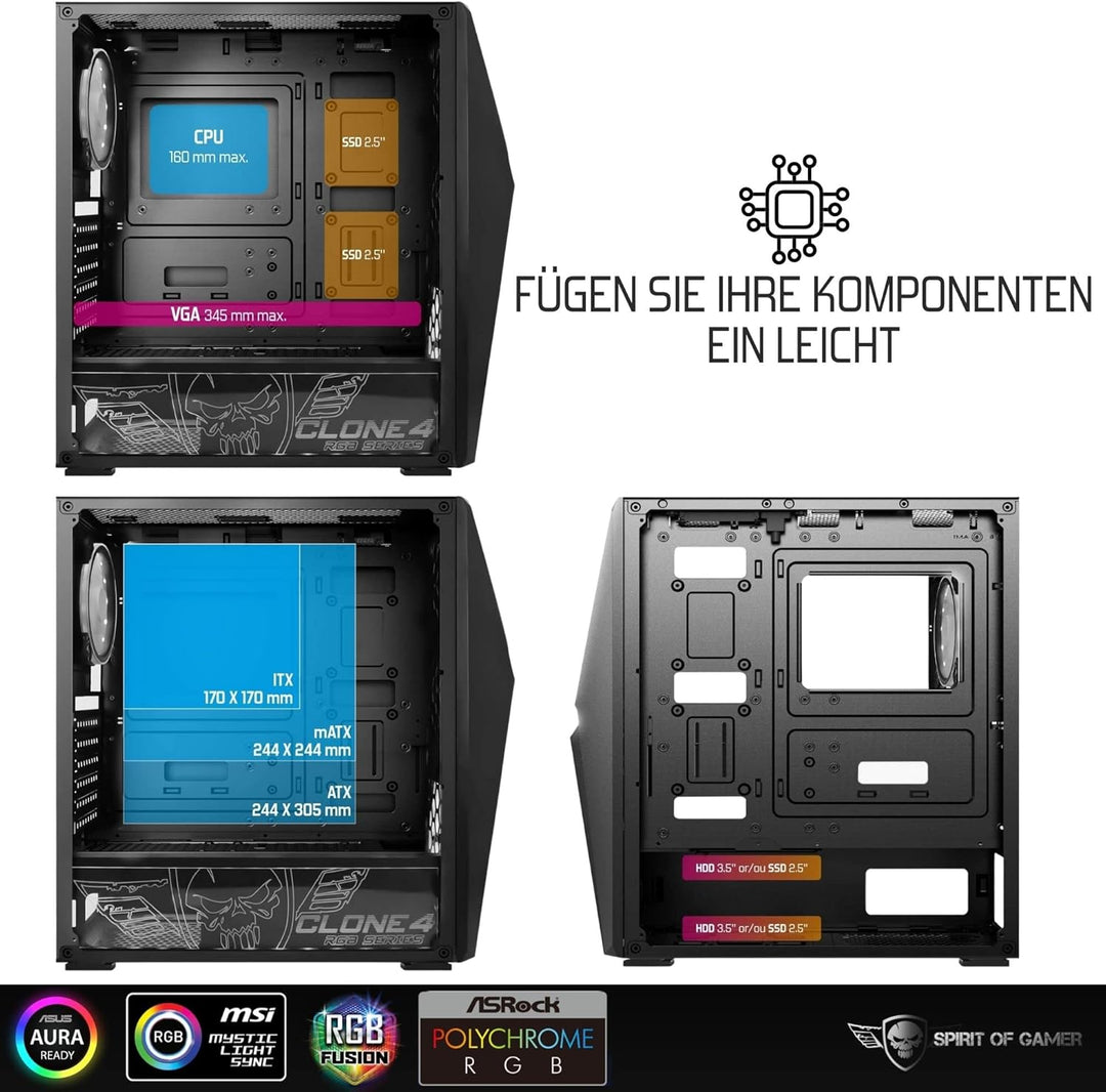 Spirit of Gamer - Clone 4 - PC Gehäuse RGB mit Durchsichtiger Wand Aus Gehärtetem Glas - Erstellen S