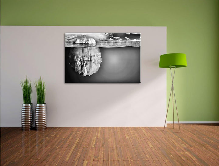 Pixxprint Riesiger Eisberg unter Wasser / 100x70cm Leinwandbild bespannt auf Holzrahmen/Wandbild Kun
