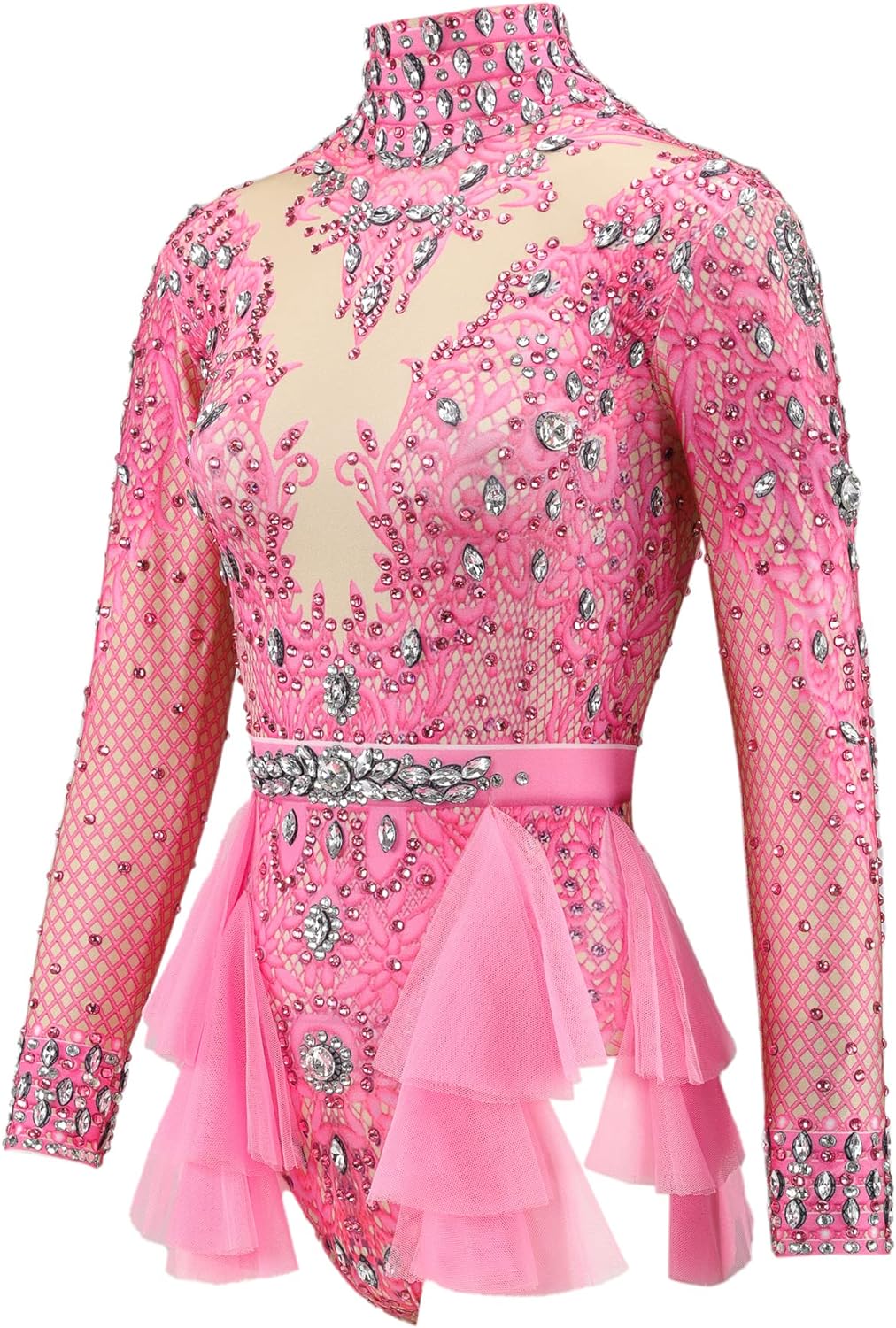 Glänzender Strass-Body für Damen, langärmelig, Drag-Queen-Outfit, sexy Kostüme, Tanz, rose, Einheits
