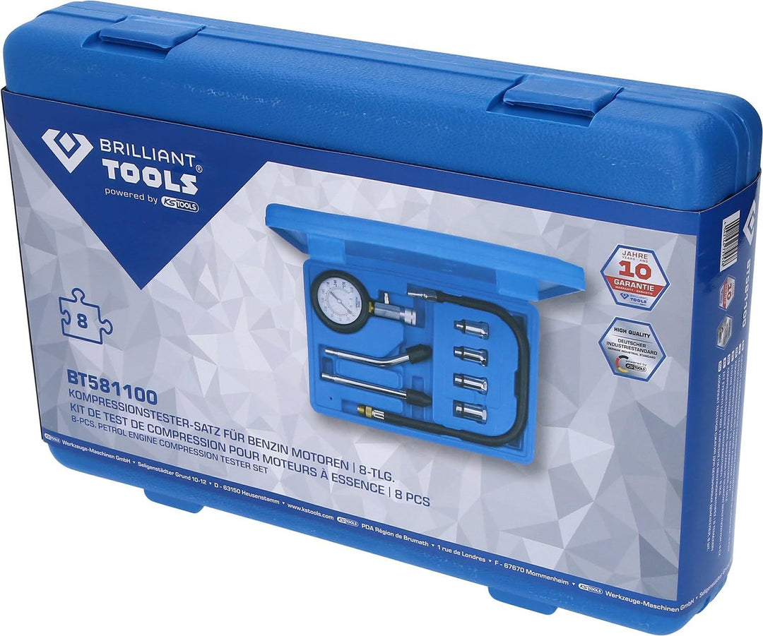BRILLIANT TOOLS BT581100 Kompressionstester-Satz für Benzin Motoren, 8-tlg [Powered by KS TOOLS] 8-t