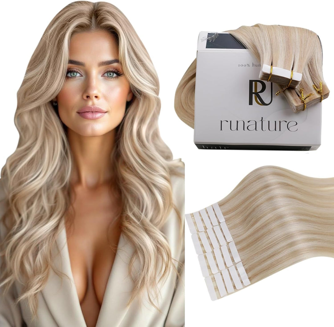 RUNATURE Tape Extensions Echthaar Kurz Aschblond Mit Platinblond Tape in Extensions Echthaar Blond H