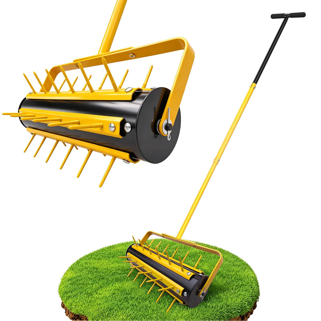 LIROPAU Rasenlüfter Walze, Rasenbelüfter Manuell, Handvertikutierer Rollend mit 36 Nägeln 5.8cm & T-