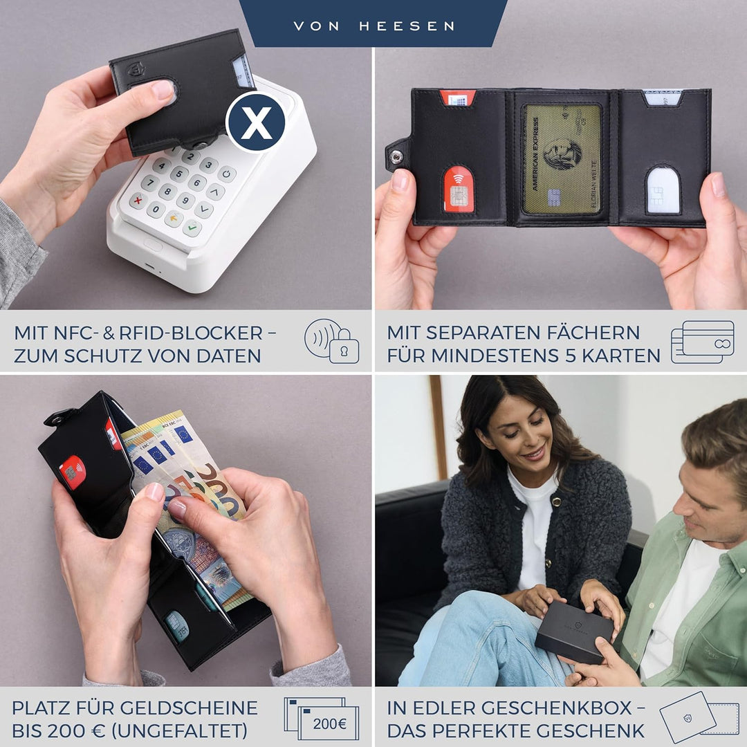 VON HEESEN Slim Wallet mit Münzfach & RFID Schutz - Geldbörse Herren klein - Mini Geldbeutel Damen P