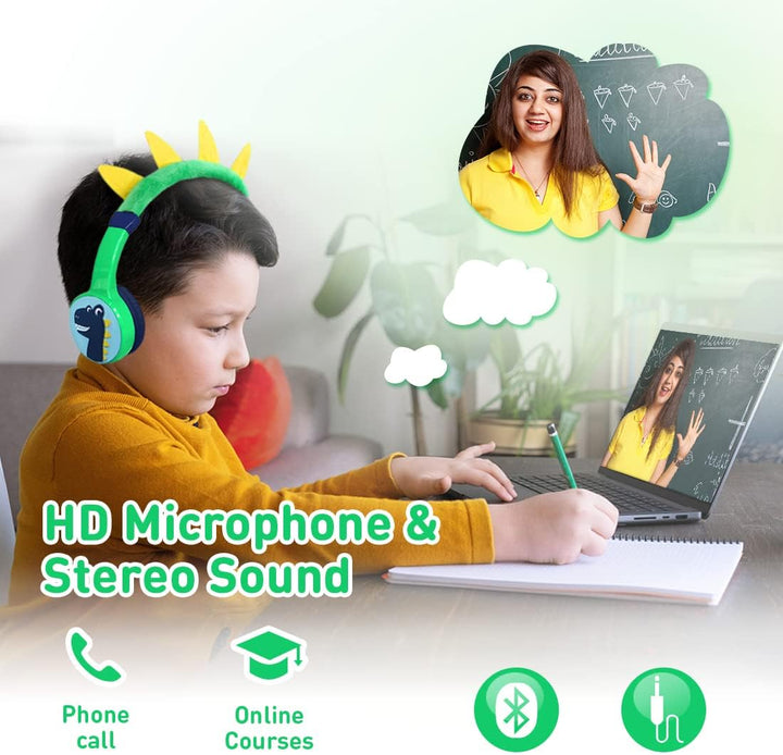 Bluetooth Kopfhörer Kinder, Dinosaurier Kinder Kopfhörer mit Kabel, Mikrofon, 85dB Lautstärkebegrenz
