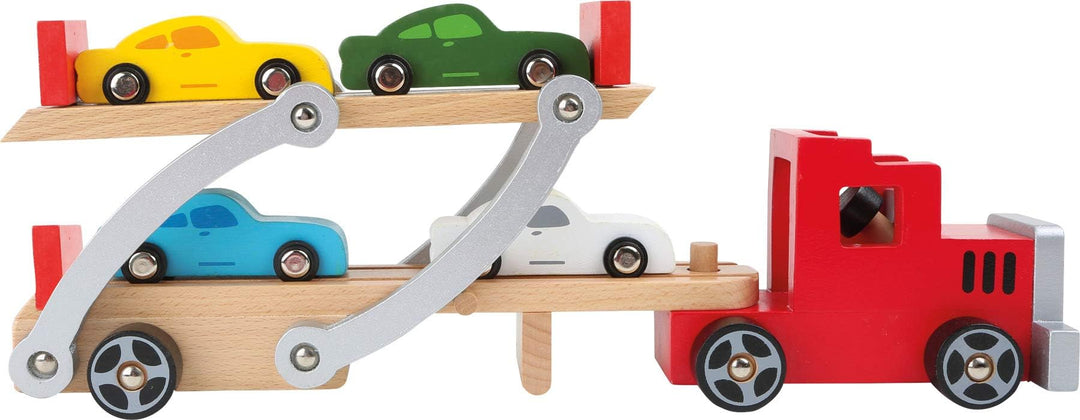 small foot Autotransporter aus Holz, mit abnehmbarem Anhänger und 4 bunten Autos, für Kinder ab 3 Ja