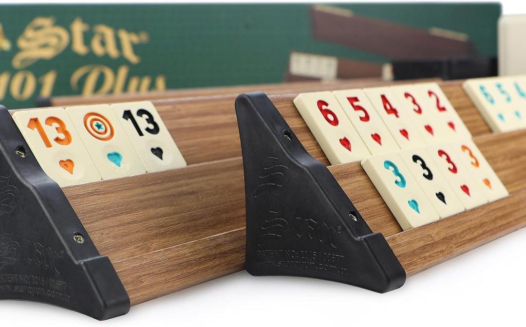 101 Plus Semus Star Rummy Set Okey - Materialien (Kunststoff-Spielbänke mit Holz Optik-Furnier - lei