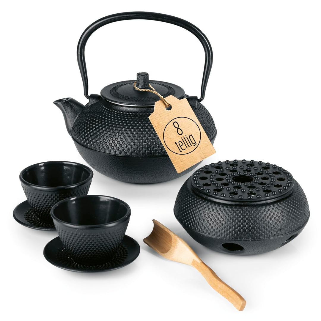 Lumaland Tee Set 8-teilig | 1,4 Liter Gusseiserne Teekanne Tetsubin | Stövchen aus Gusseisen | 2 Tee