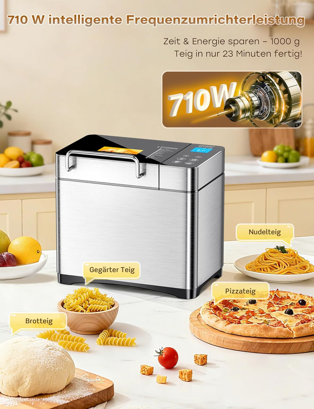 Edelstahl Brotbackautomat, 2LB 17-in-1-Brotbackautomaten mit Obst- und Nussbehälter, antihaftbeschic