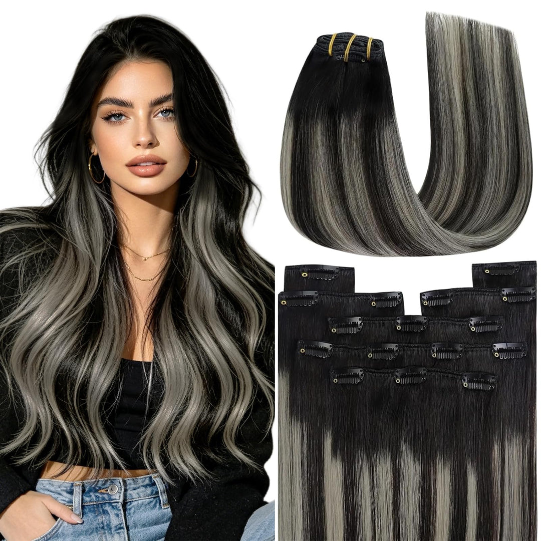 YoungSee Echthaar Extensions Clip Ombre Schwarz 7 Stück 30cm Clip in Extensions Echthaar Schwarz Bal