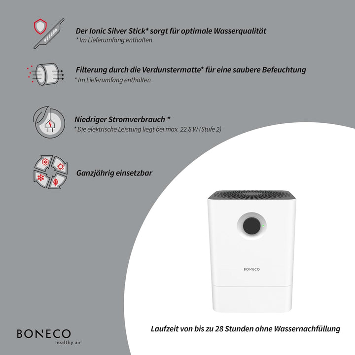 BONECO Luftbefeuchter W200 I 4,5L Wassertank I für Räume bis 50 m² I sehr leise mit 27dB I 2 Leistun