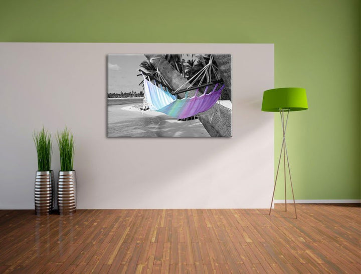 traumhafte Hängematte am Strand schwarz/weiss Format: 100x70 auf Leinwand, XXL riesige Bilder fertig