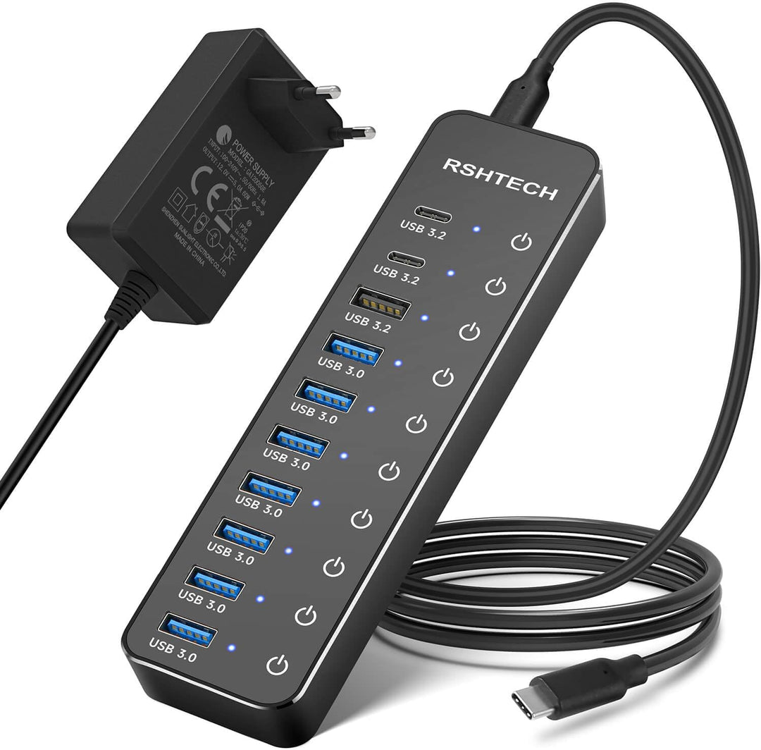 RSHTECH USB Hub 3.2 Aktiv mit Netzteil - Mit 3 10Gbps USB 3.2 und 7 5Gbps USB 3.0 - Insgesamt 10 Por