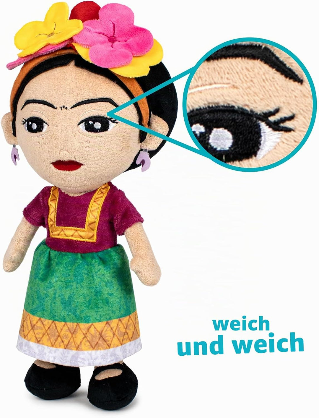 Famosa Softies 760023277 Frida Kahlo Plüschtier, 27 cm, in Unit Display, Hommage 70. Jubiläum, detai
