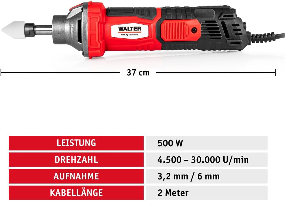 WALTER Geradschleifer 500W – leistungsstarker Elektro-Schleifer mit 30.000 U/min | Stufenlose Drehza