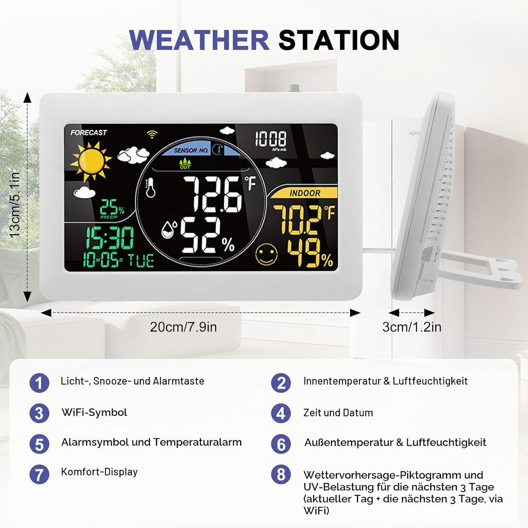7.9" Wetterstation Funk mit Aussensensor VA-Display DCF Funkuhr, 20CM Grösse Farbdisplay mit Innen u