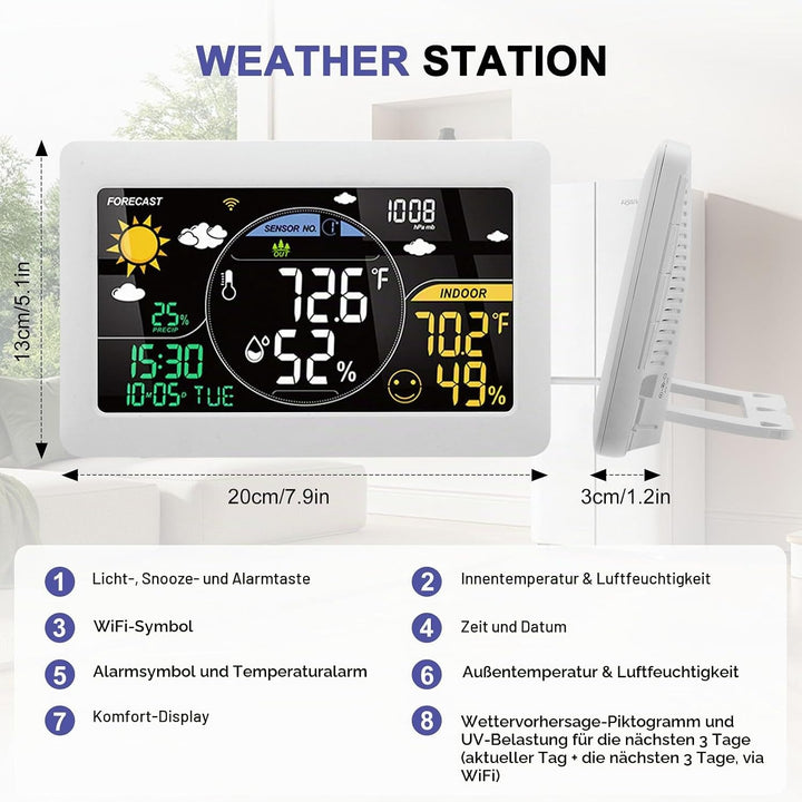 7.9" Wetterstation Funk mit Aussensensor VA-Display DCF Funkuhr, 20CM Grösse Farbdisplay mit Innen u