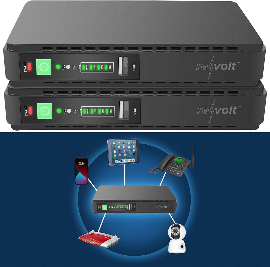 revolt Mini USV: Mini-UPS f. unterbrechungsfr. Stromvers., 8.800 mAh, USB/DC, 2er-Set (USV-Notstromv