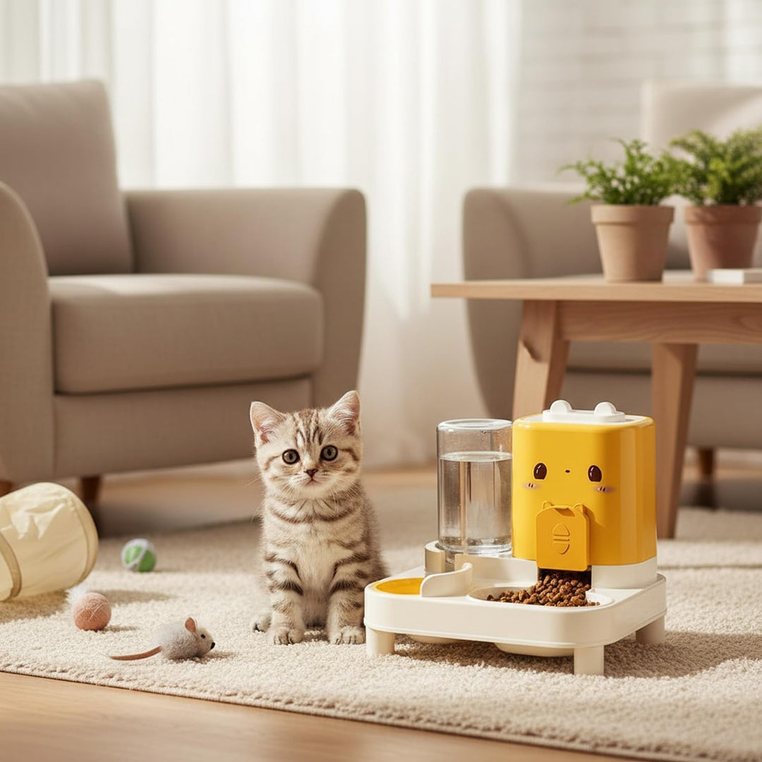 Wasserspender Futterspender für Katze und Hund, 2-In-1 Automatischer Trockenfutterspender, Automátic
