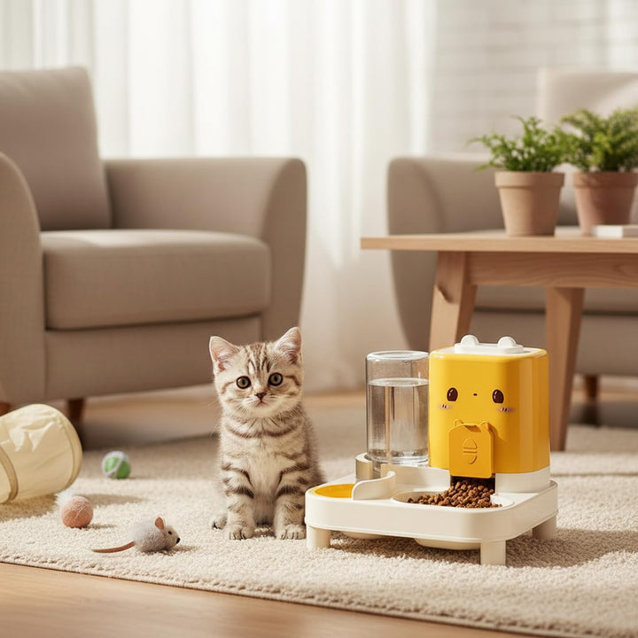 Wasserspender Futterspender für Katze und Hund, 2-In-1 Automatischer Trockenfutterspender, Automátic